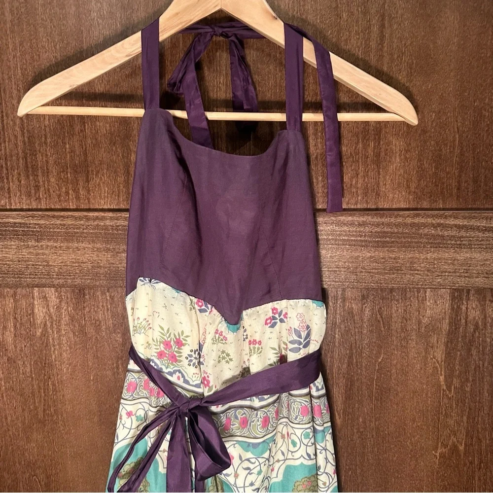 Anthropologie Maeve Purple and Cream Halter Midi Dress - Picture 2 of 8